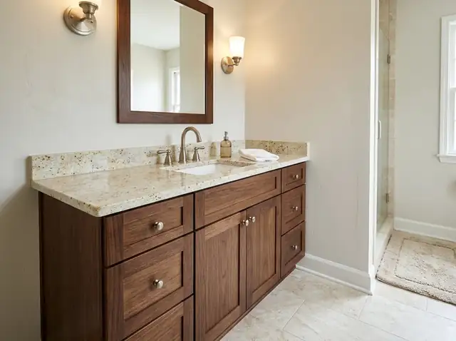 Illustration: walnut-stained bathroom vanity with a cream granite top