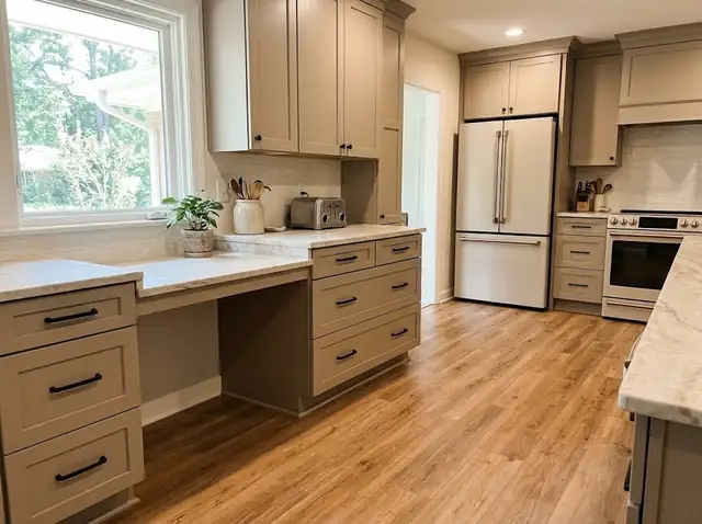 Illustration: remodeled kitchen with taupe shaker cabinets and a lowered counter section