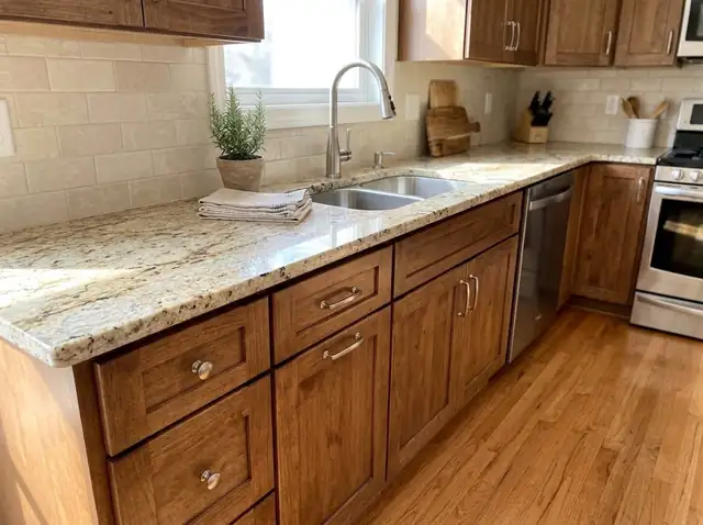 Illustration: kitchen with new stained wood cabinets and a granite countertop
